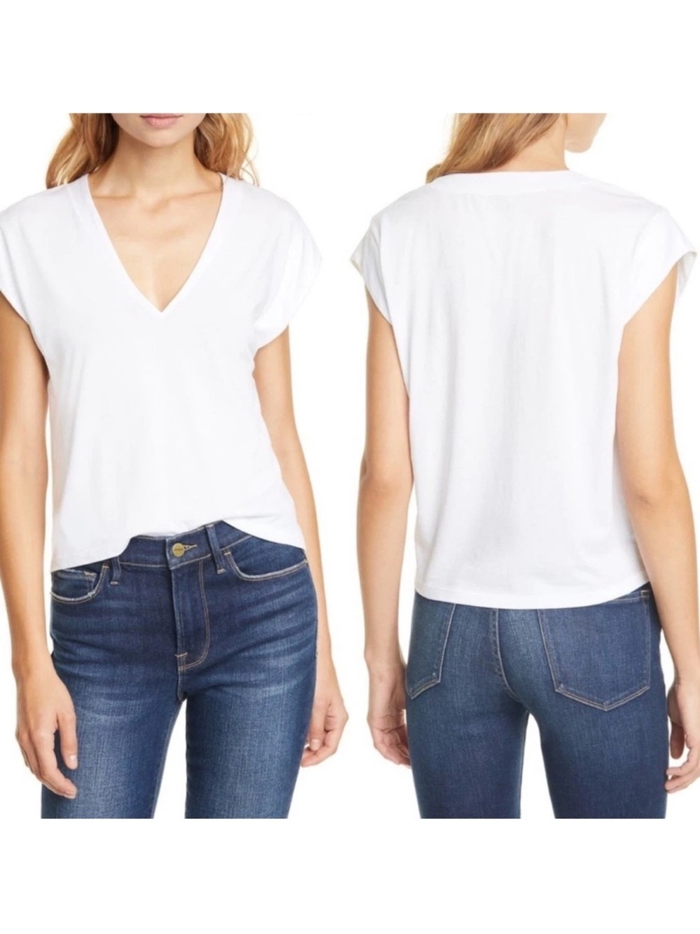 Frame Le Mid Rise V Neck White Short Sleeve Pima Cotton Tee Shirt XS Like New